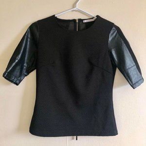 Faux leather sleeves zip up blouse